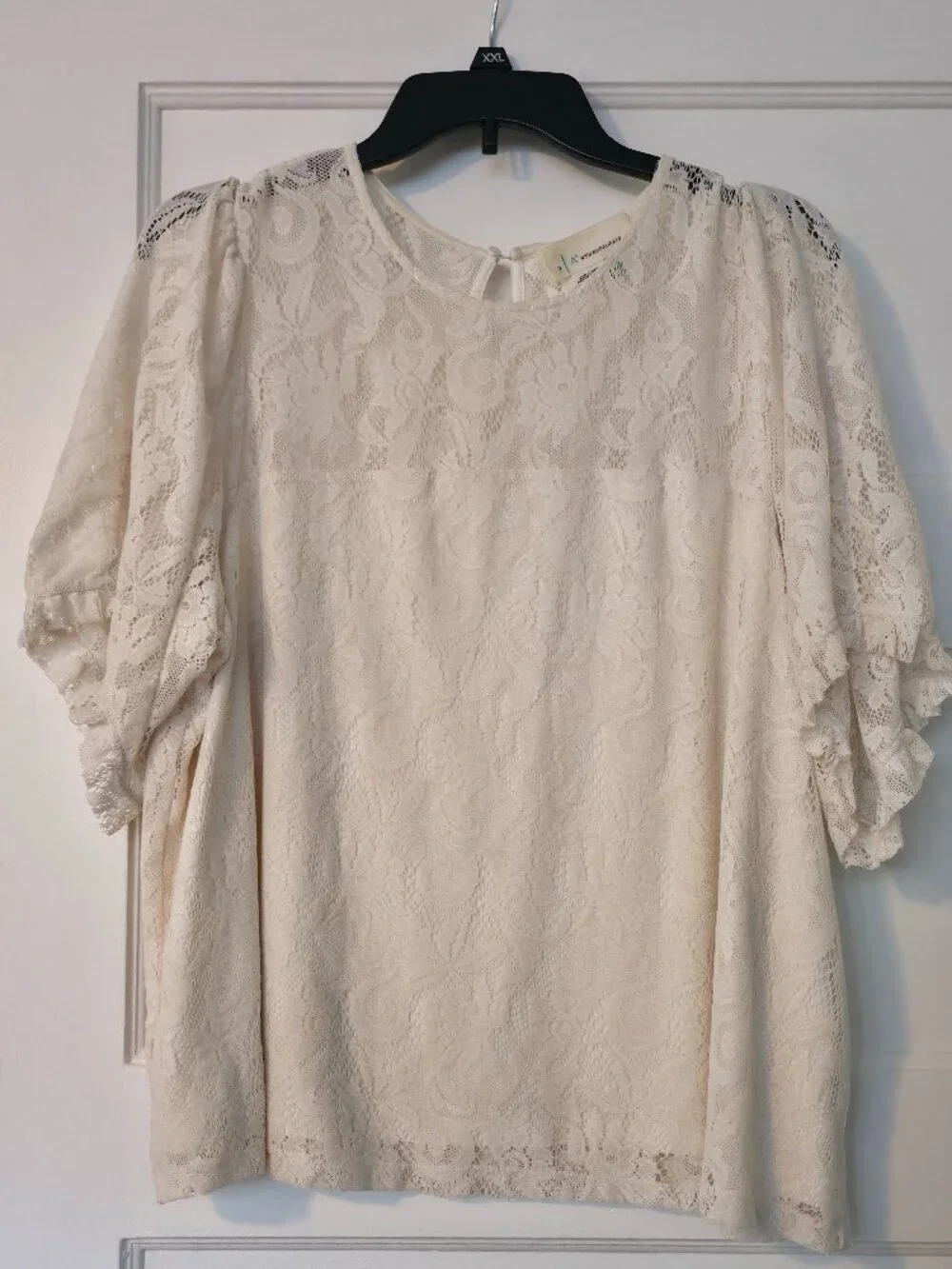 Anthropologie Cream Velvet Lace Puff-Sleeve Blouse